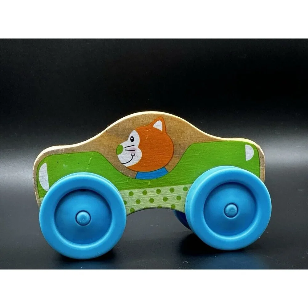Melissa and Doug Stackable Car Wooden Toy orange‎ cat driver blue wheels 4”